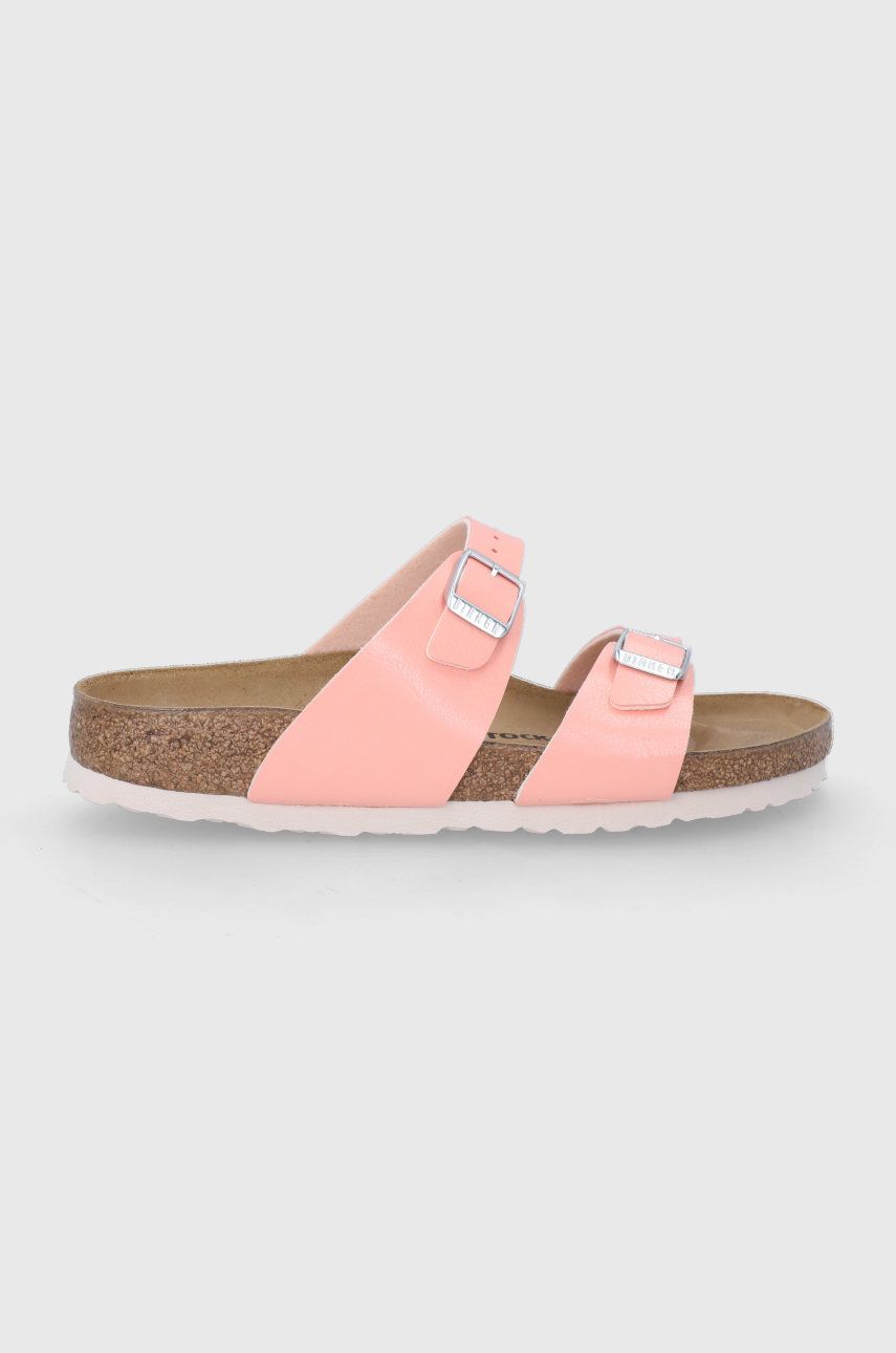 Papuci portocalii Birkenstock dama de primavara din piele intoarsa cu toc plat si talpa din guma Sydney