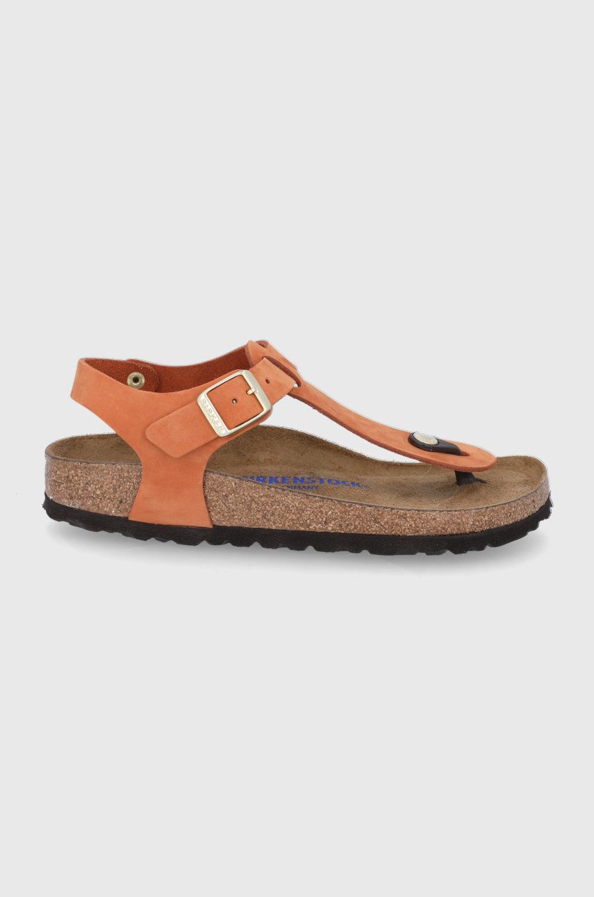 Papuci portocalii Birkenstock dama de primavara din piele naturala  cu talpa din guma Kairo