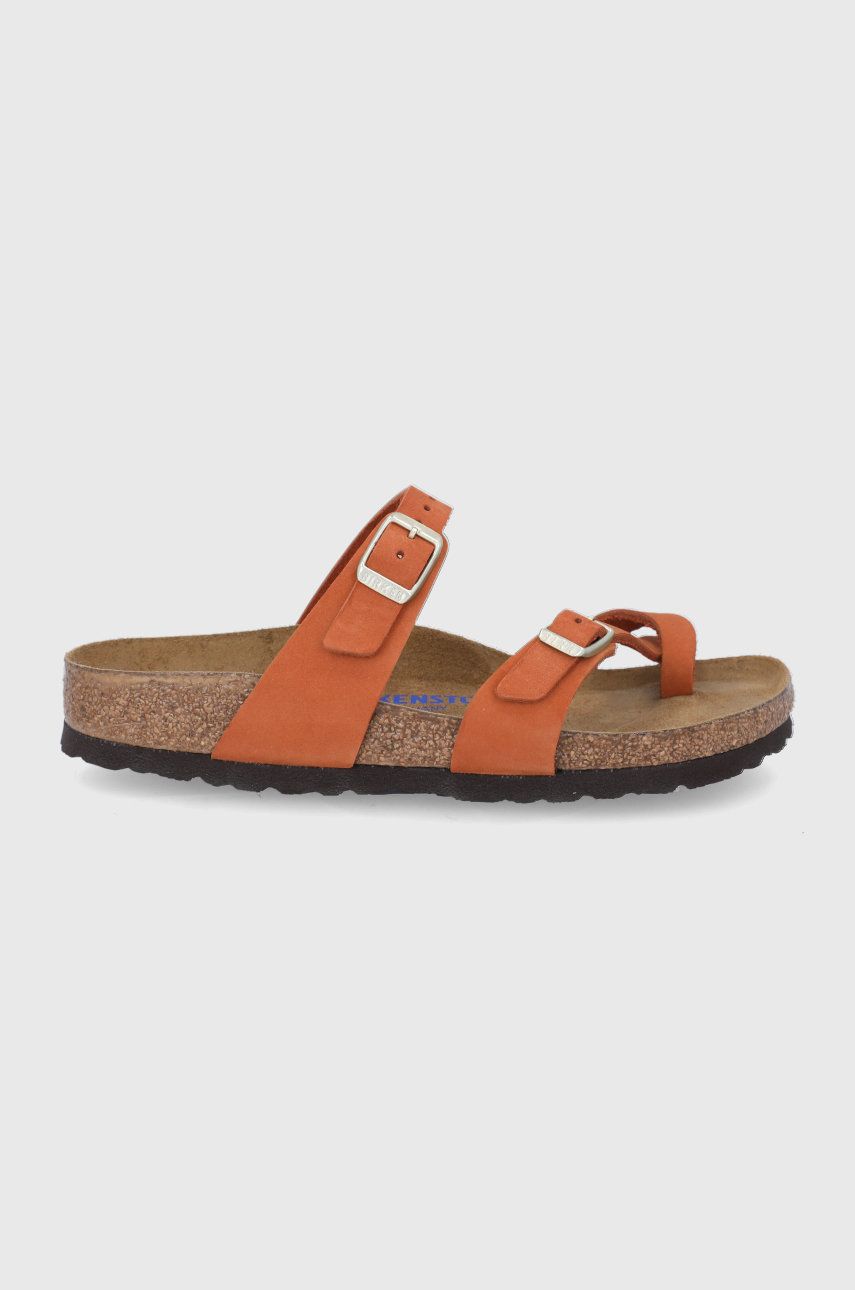 Papuci portocalii Birkenstock dama de vara din piele intoarsa cu toc plat si interior confortabil Mayari