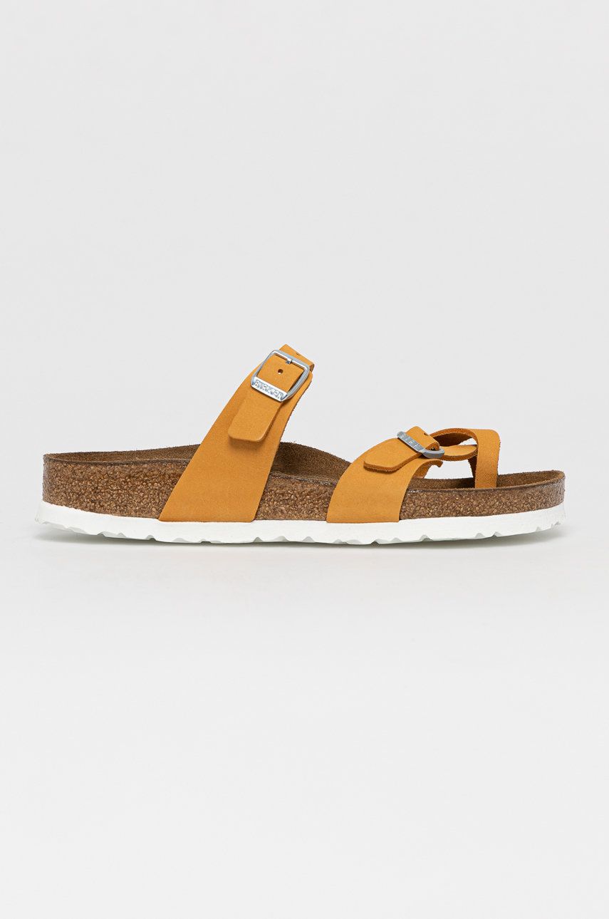 Papuci portocalii Birkenstock dama de vara din piele intoarsa cu toc plat si talpa din guma  online