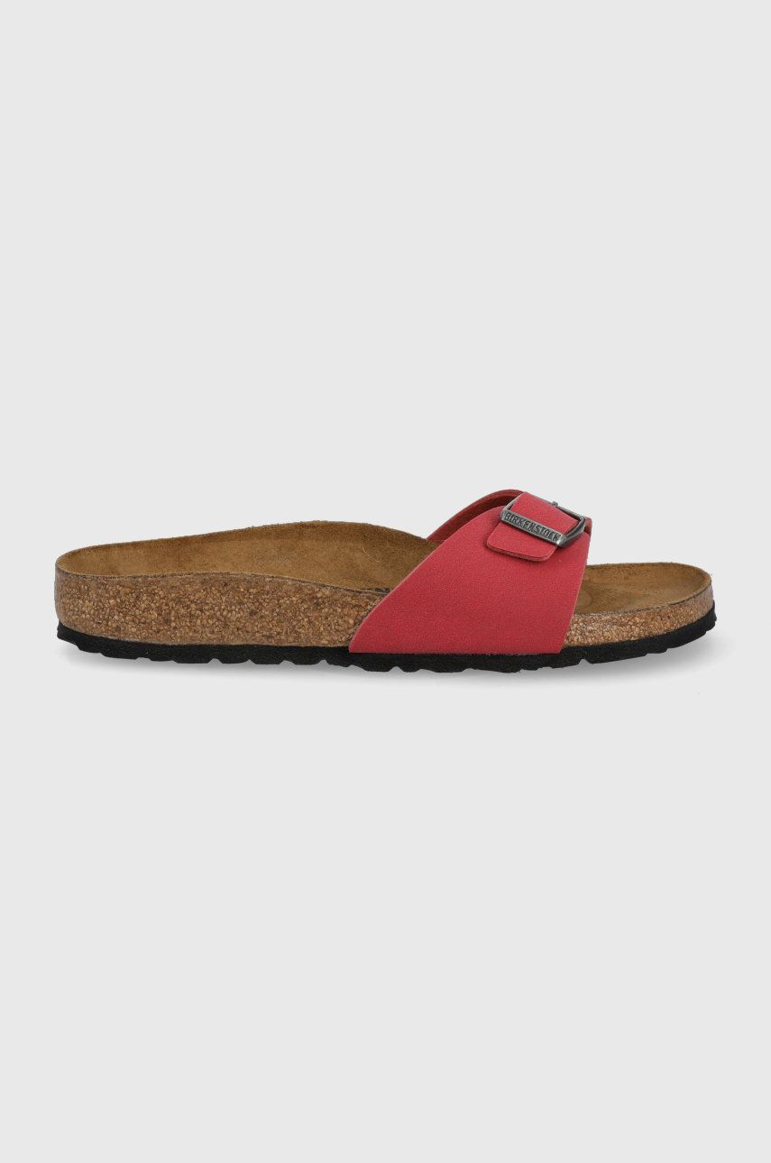 Papuci rosii Birkenstock dama de vara din piele intoarsa cu talpa din guma si interior confortabil Madrid