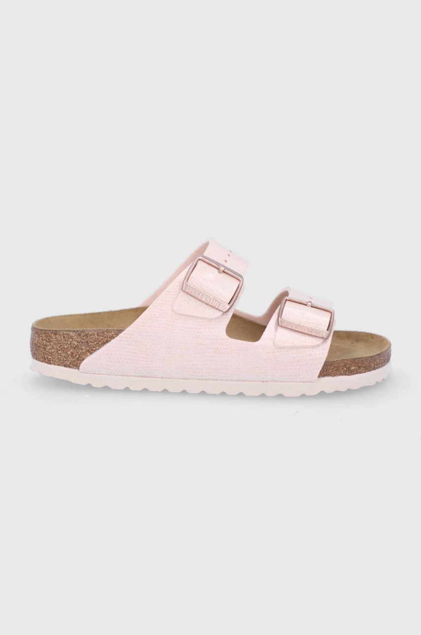 Papuci roz Birkenstock dama de ocazie din piele intoarsa cu toc plat si talpa din guma  online