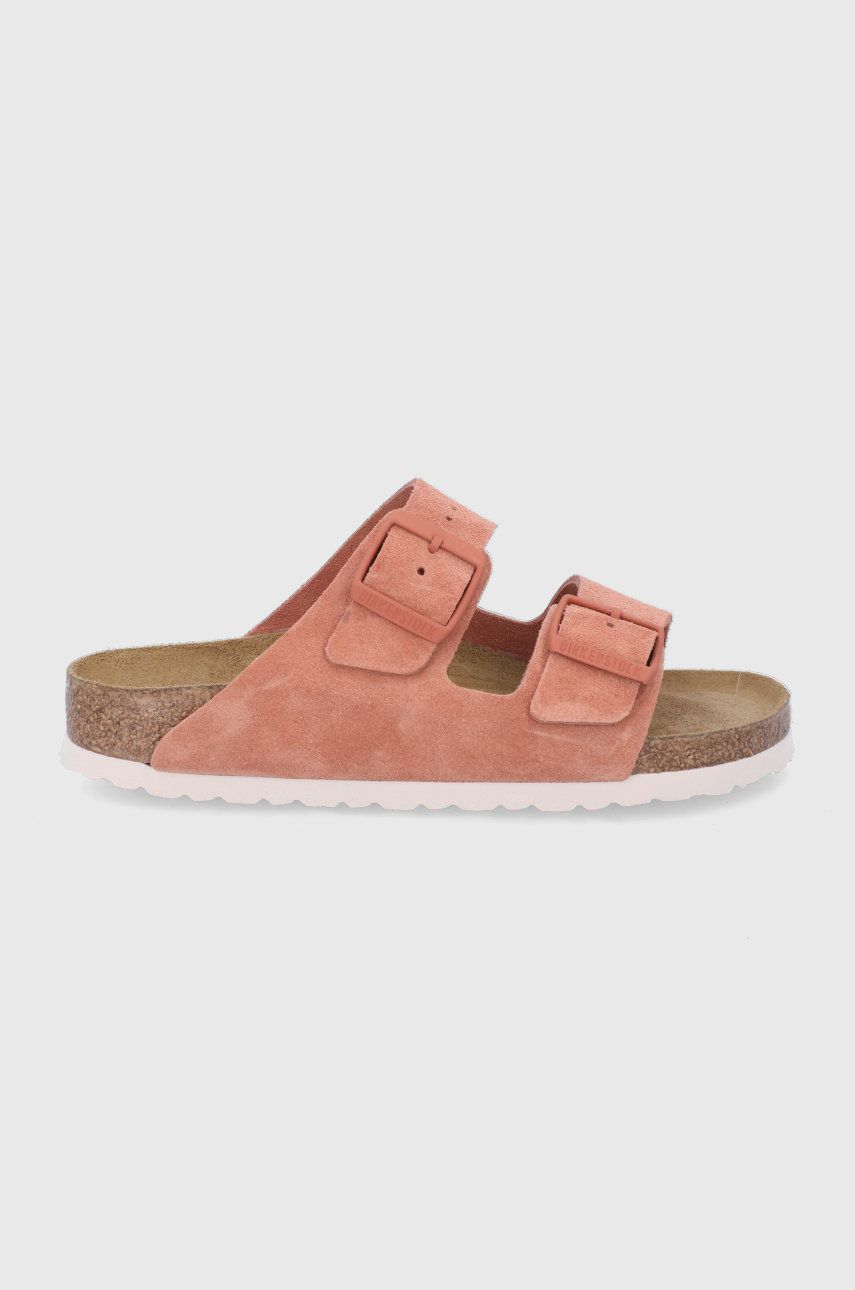 Papuci roz Birkenstock dama de ocazie din piele intoarsa cu toc plat si talpa stabila Arizona