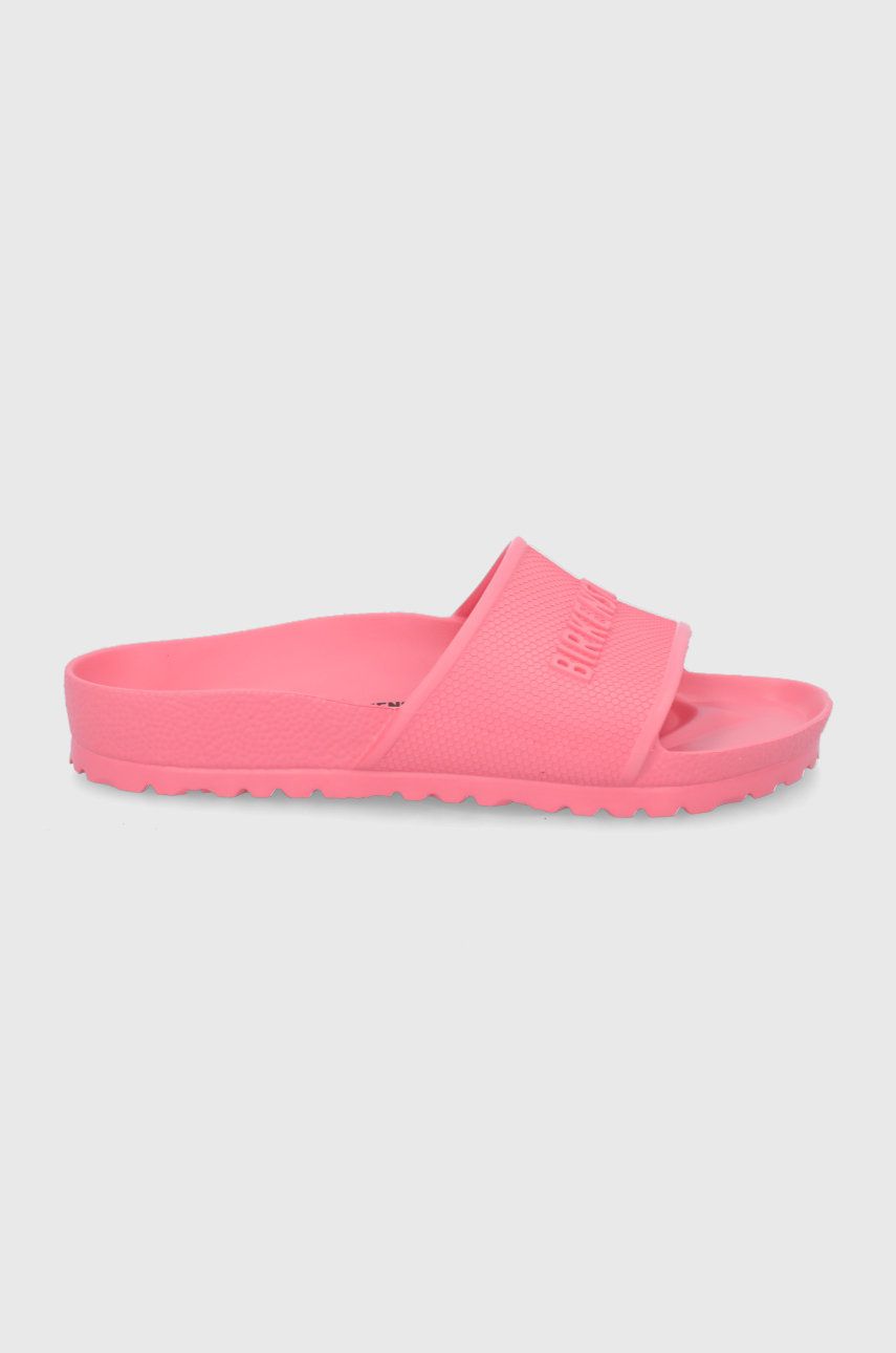 Papuci roz Birkenstock dama de vara din material sintetic cu toc plat si talpa elastica Barbados online