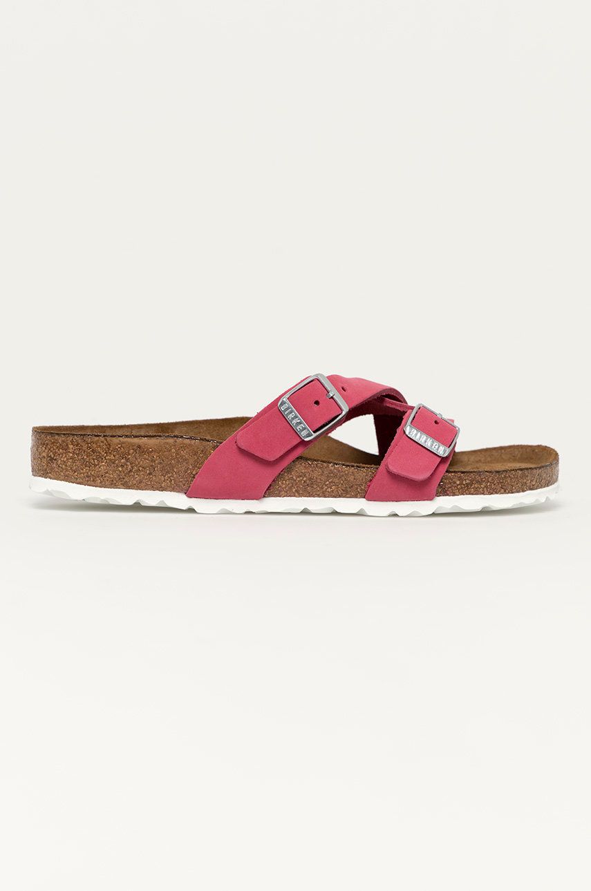 Papuci roz Birkenstock dama de vara din piele intoarsa cu talpa din guma si interior confortabil  online