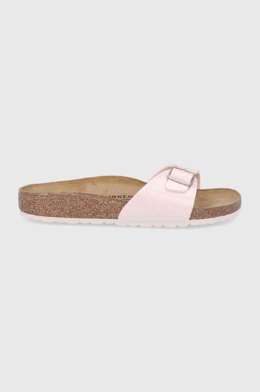 Papuci dama roz Birkenstock de vara din piele intoarsa cu toc plat si talpa din guma