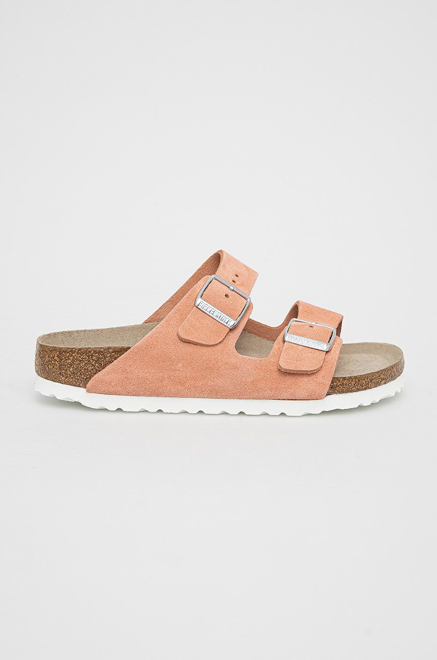 Papuci roz Birkenstock dama de zi din piele intoarsa cu toc plat si talpa presata  online