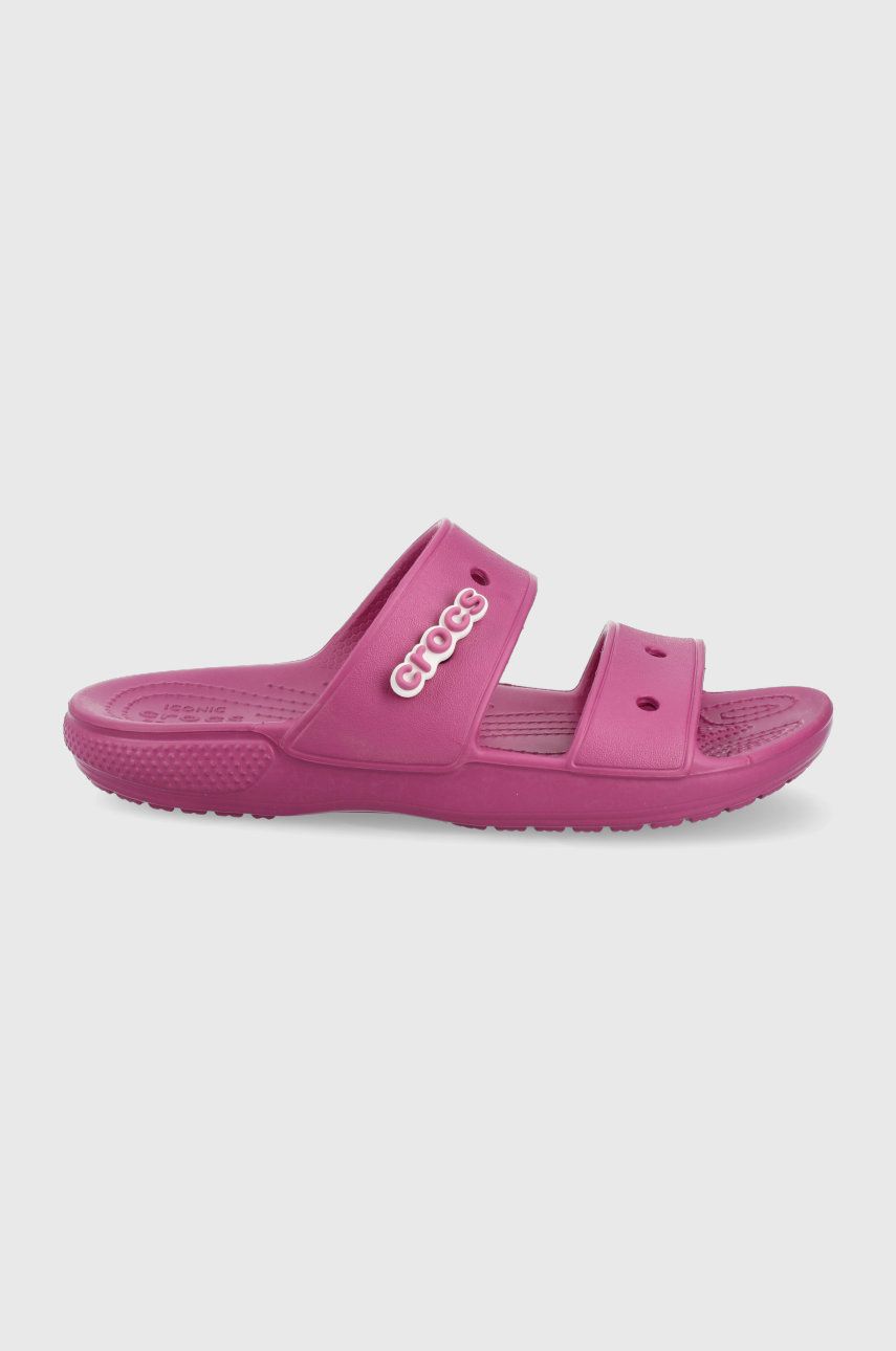 Papuci roz Crocs dama de vara din material sintetic cu toc plat si talpa din guma  online