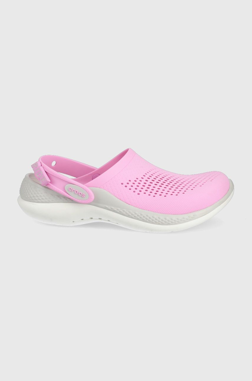 Papuci roz Crocs dama de zi din material textil cu toc plat si talpa sculptata  online