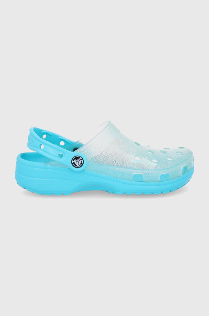 Papuci dama turcoaz Crocs de zi din material sintetic cu toc plat si talpa din guma