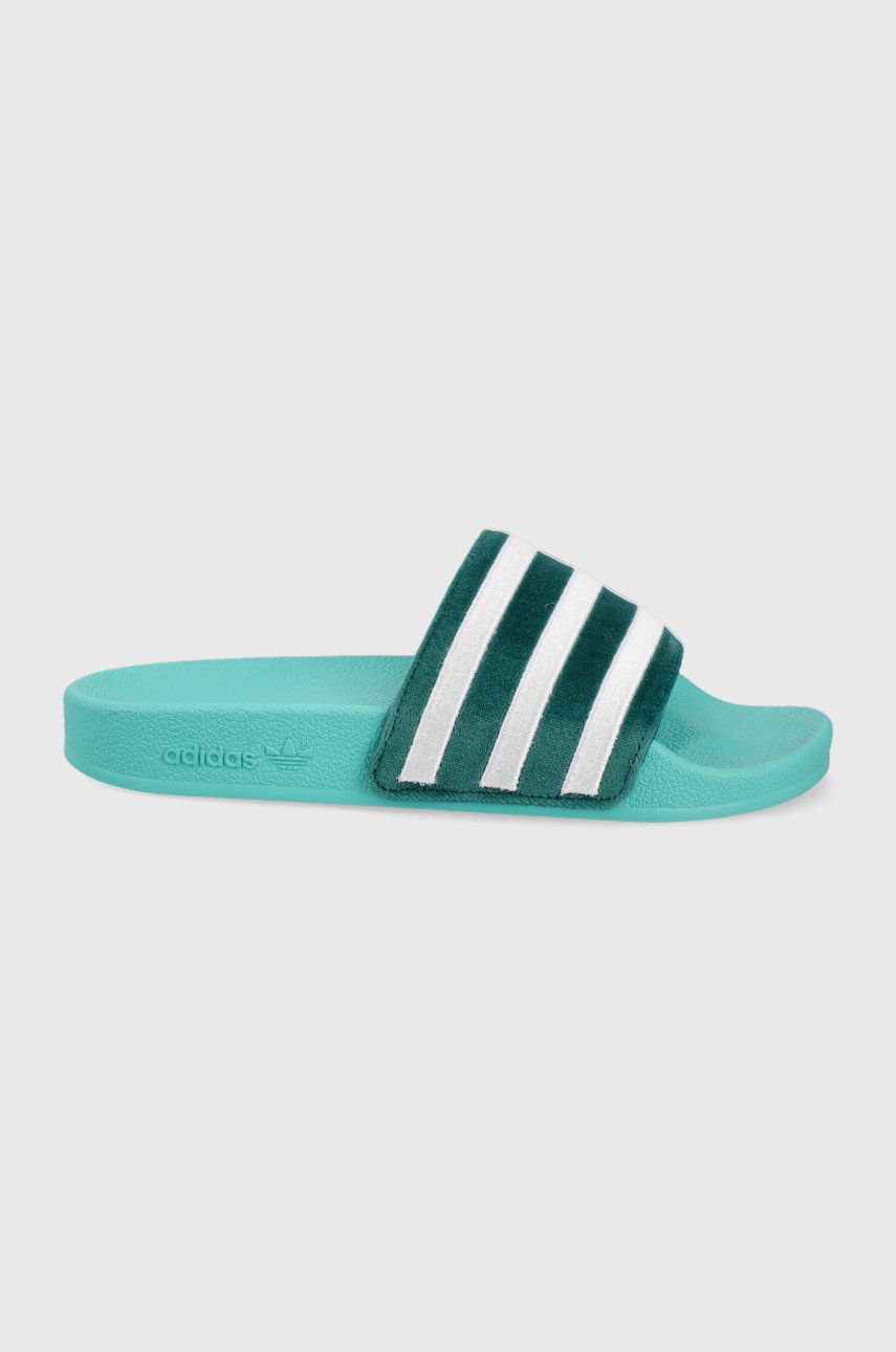 Papuci turcoaz adidas Originals dama de vara din material textil cu toc plat si talpa presata Adilette