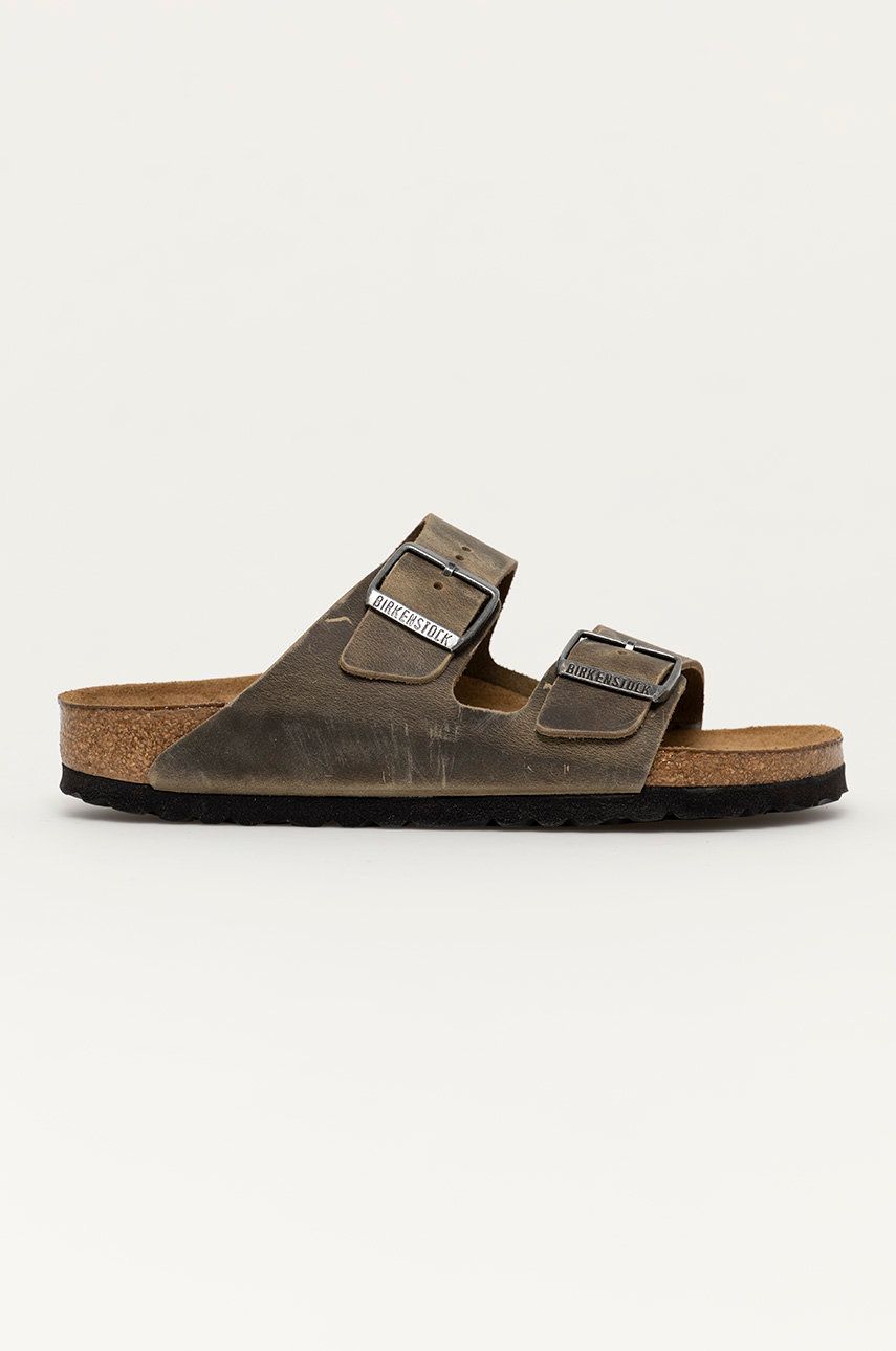 Papuci verzi Birkenstock dama de primavara din piele nabuc cu toc plat si talpa din guma