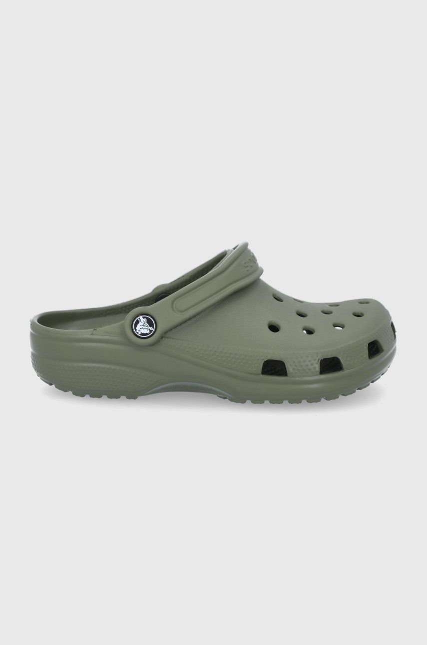 Papuci verzi Crocs dama de vara din material sintetic cu toc plat si talpa din guma