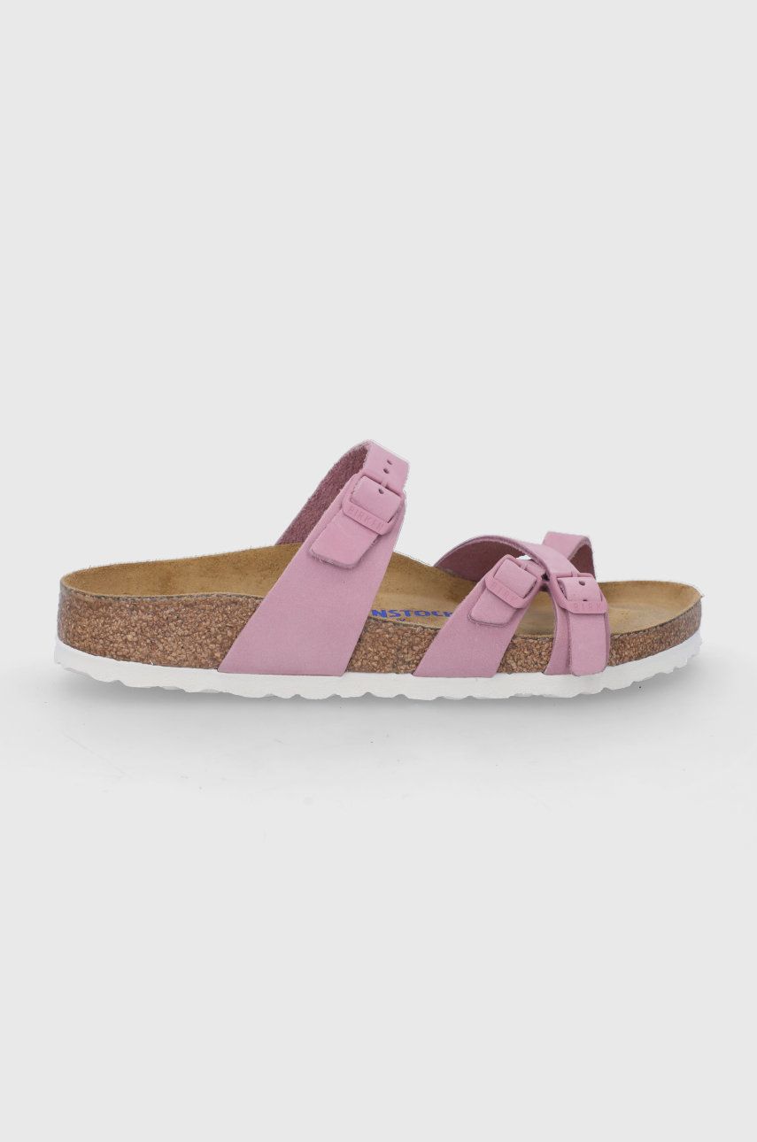 Papuci violet Birkenstock dama de ocazie din piele intoarsa cu toc plat si talpa din guma Franca online