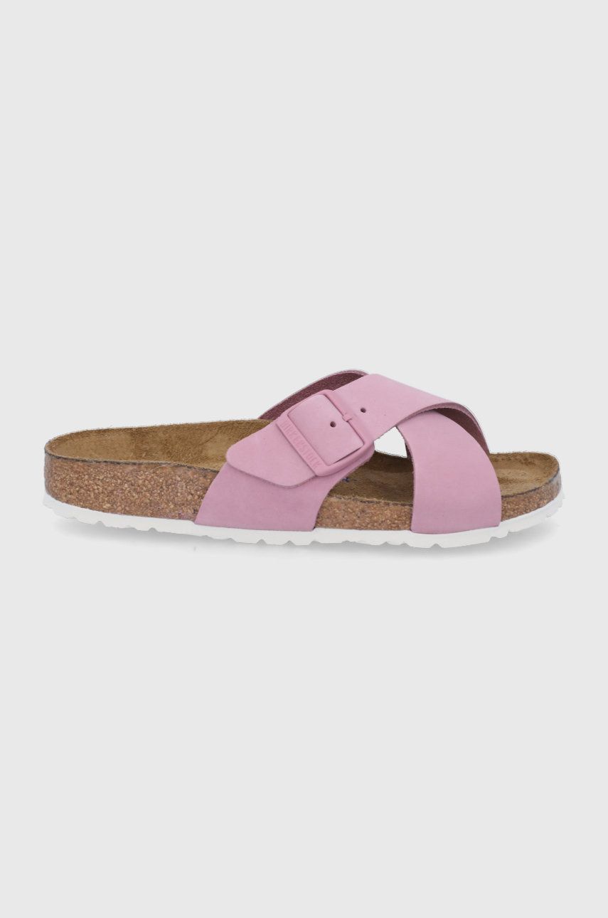 Papuci violet Birkenstock dama de ocazie din piele naturala cu toc plat si talpa stabila Siena online