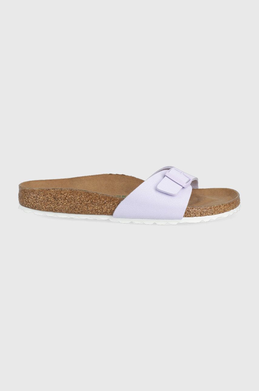 Papuci violet Birkenstock dama de vara din piele intoarsa cu toc plat si talpa din guma Madrid online