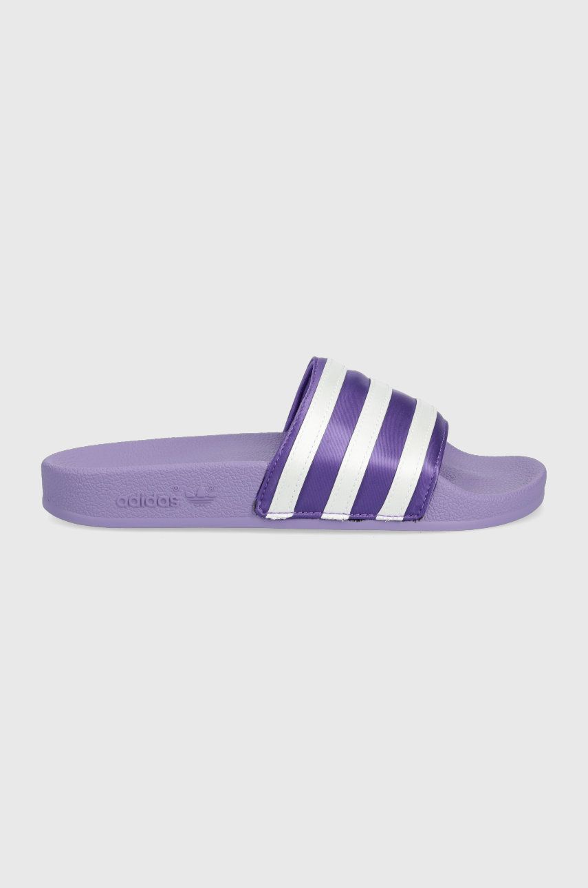 Papuci violet adidas Originals dama de primavara din material textil cu piele ecologica cu toc plat si talpa stabila Adilette