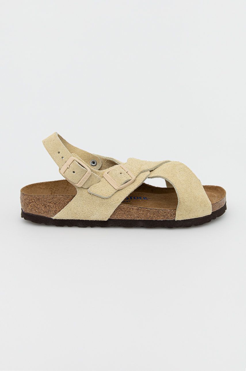 Sandale Birkenstock bej de plaja dama din piele intoarsa cu toc plat si talpa stabila Tulum online