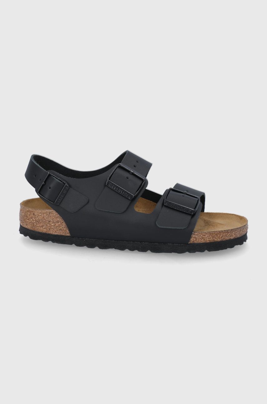 Sandale Birkenstock negre de primavara dama din piele naturala cu toc plat si talpa din guma Milano online