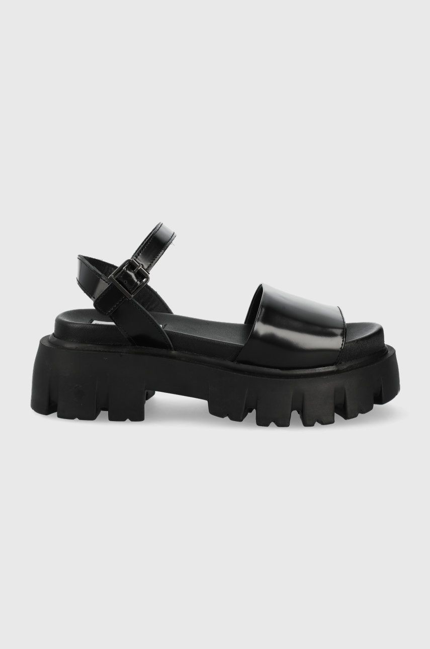 Sandale Steve Madden negre de zi dama din piele naturala  cu talpa presata Sintia