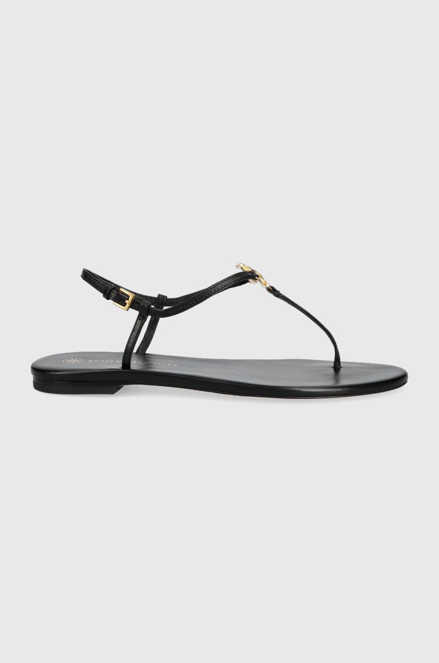 Sandale Tory Burch negre de plaja dama din piele naturala cu toc plat si talpa din guma Capri