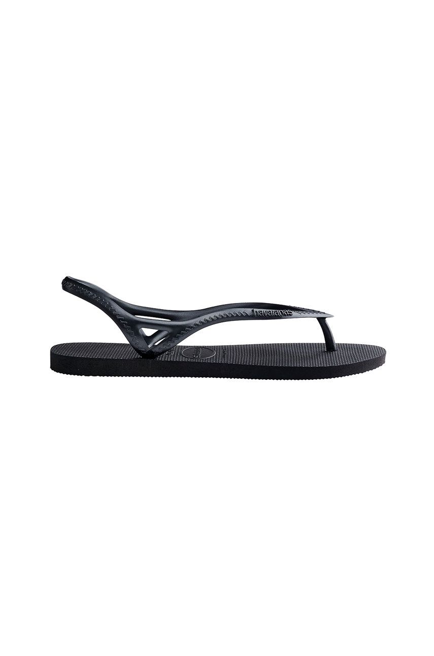 Sandale negre Havaianas dama de plaja din material sintetic cu toc plat si talpa presata