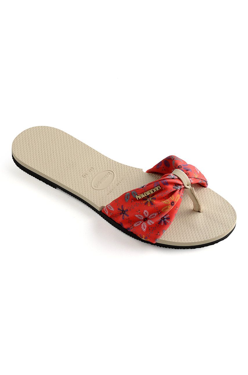 Slapi dama  Havaianas de vara din material textil cu piele ecologica cu toc plat