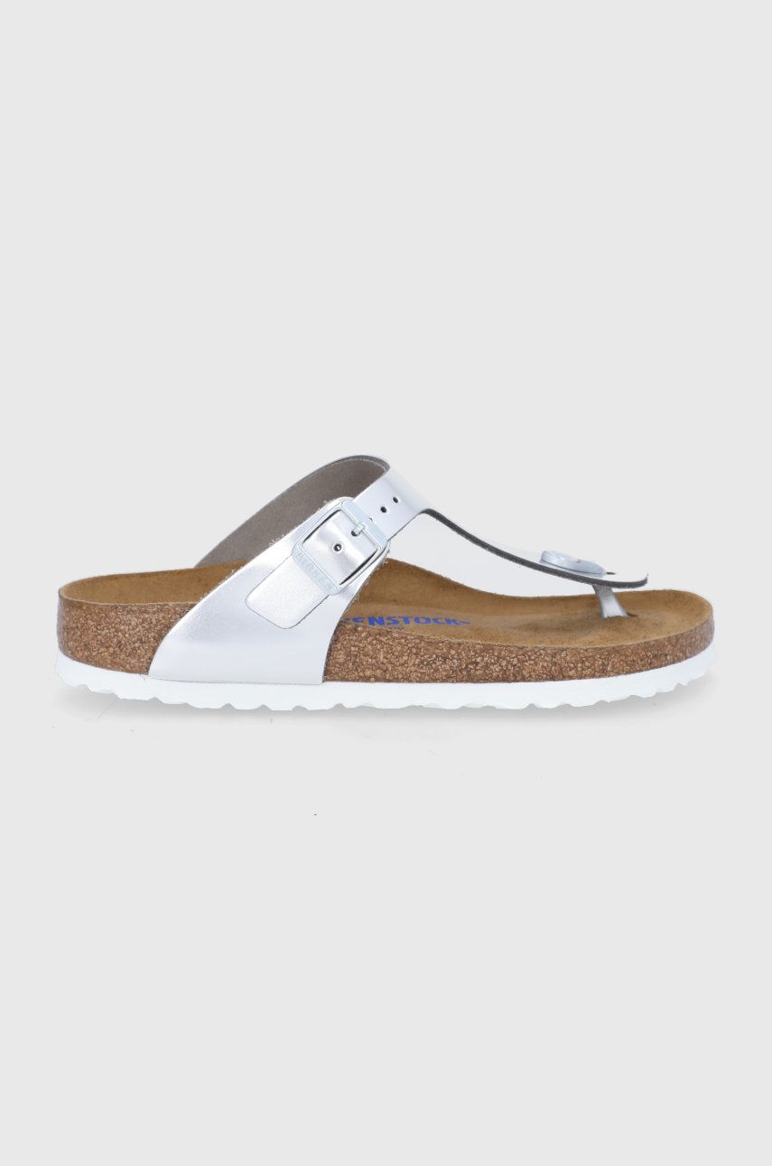 Slapi dama argintii Birkenstock de primavara din piele naturala cu toc plat  Gizeh online