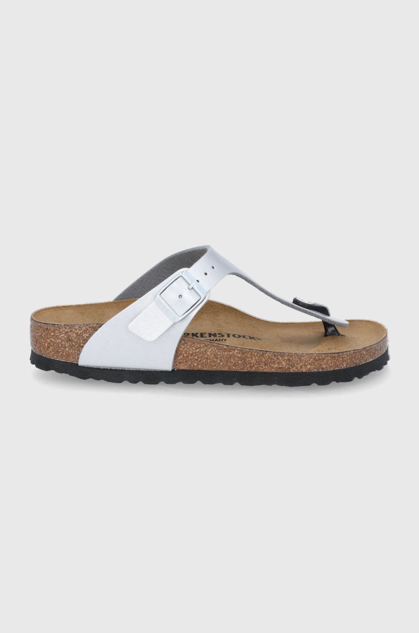 Slapi dama argintii Birkenstock de zi din piele intoarsa cu toc plat  Gizeh online