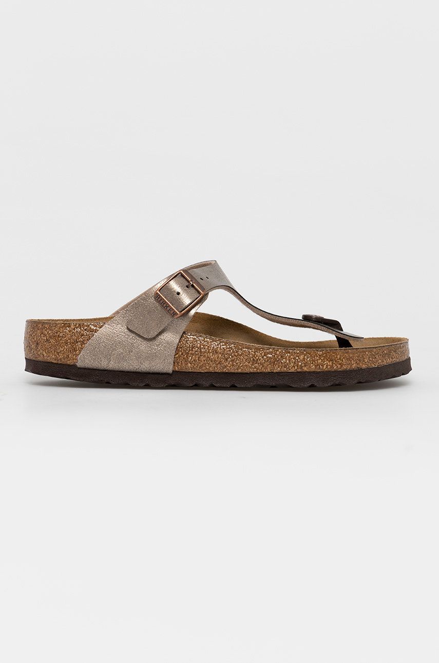 Slapi dama bej Birkenstock de plaja din piele intoarsa