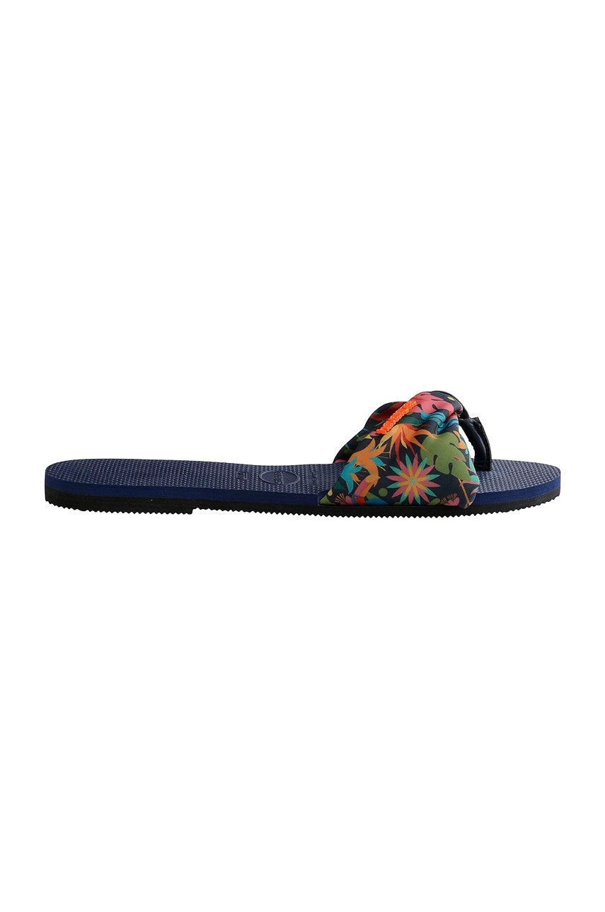 Slapi dama bleumarin Havaianas de primavara din material textil cu sintetic cu toc plat