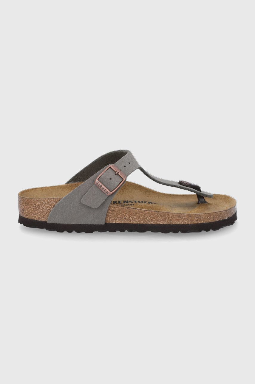 Slapi dama gri Birkenstock de vara din piele intoarsa cu toc plat  Gizeh