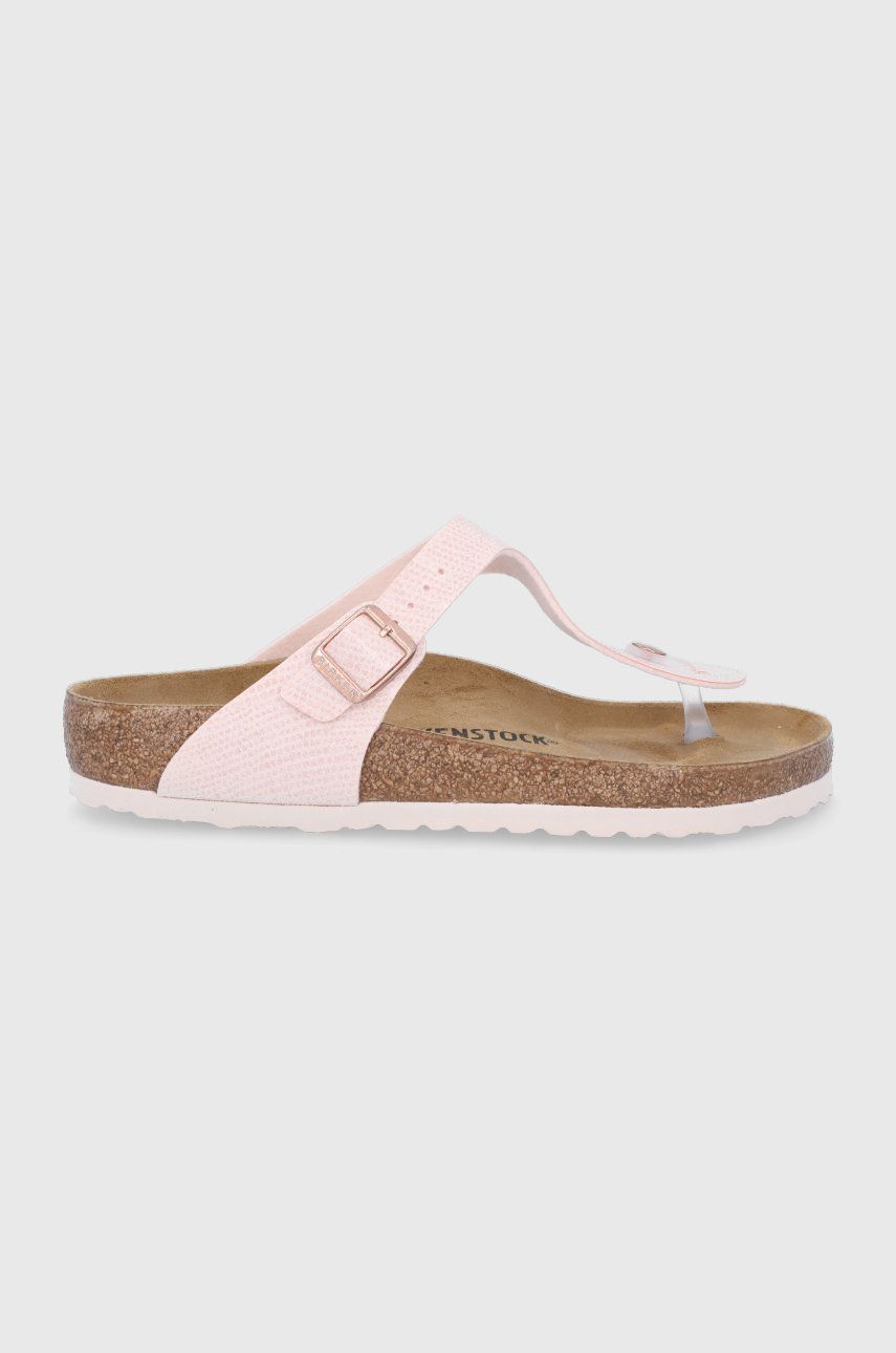 Slapi dama roz Birkenstock de vara din piele intoarsa cu toc plat