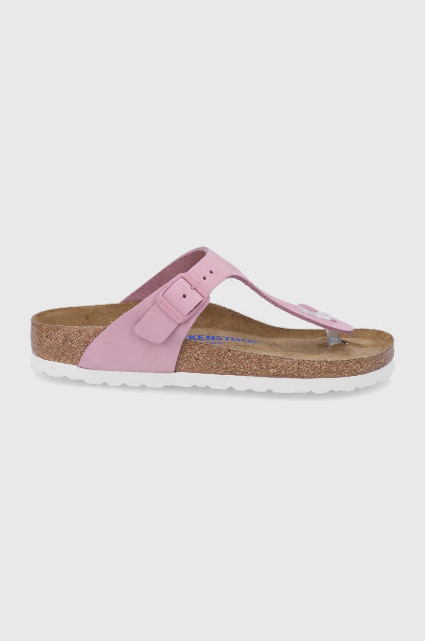 Slapi dama violet Birkenstock de plaja din piele intoarsa cu toc plat  Gizeh online